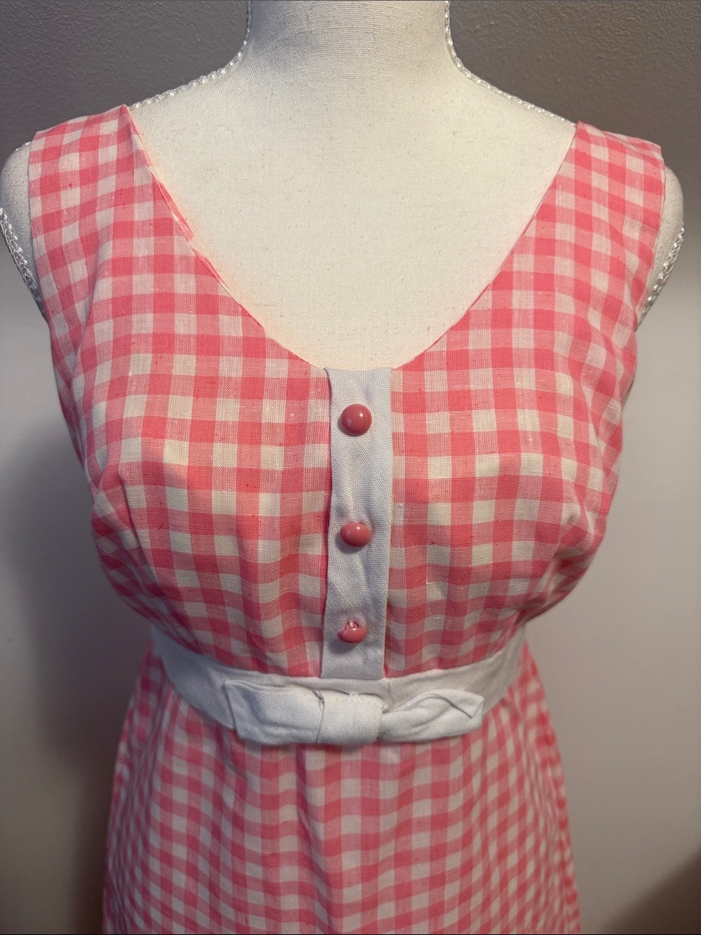 VINTAGE handmade Sleeveless Pink Gingham Belted Dress - Picture 5 of 10